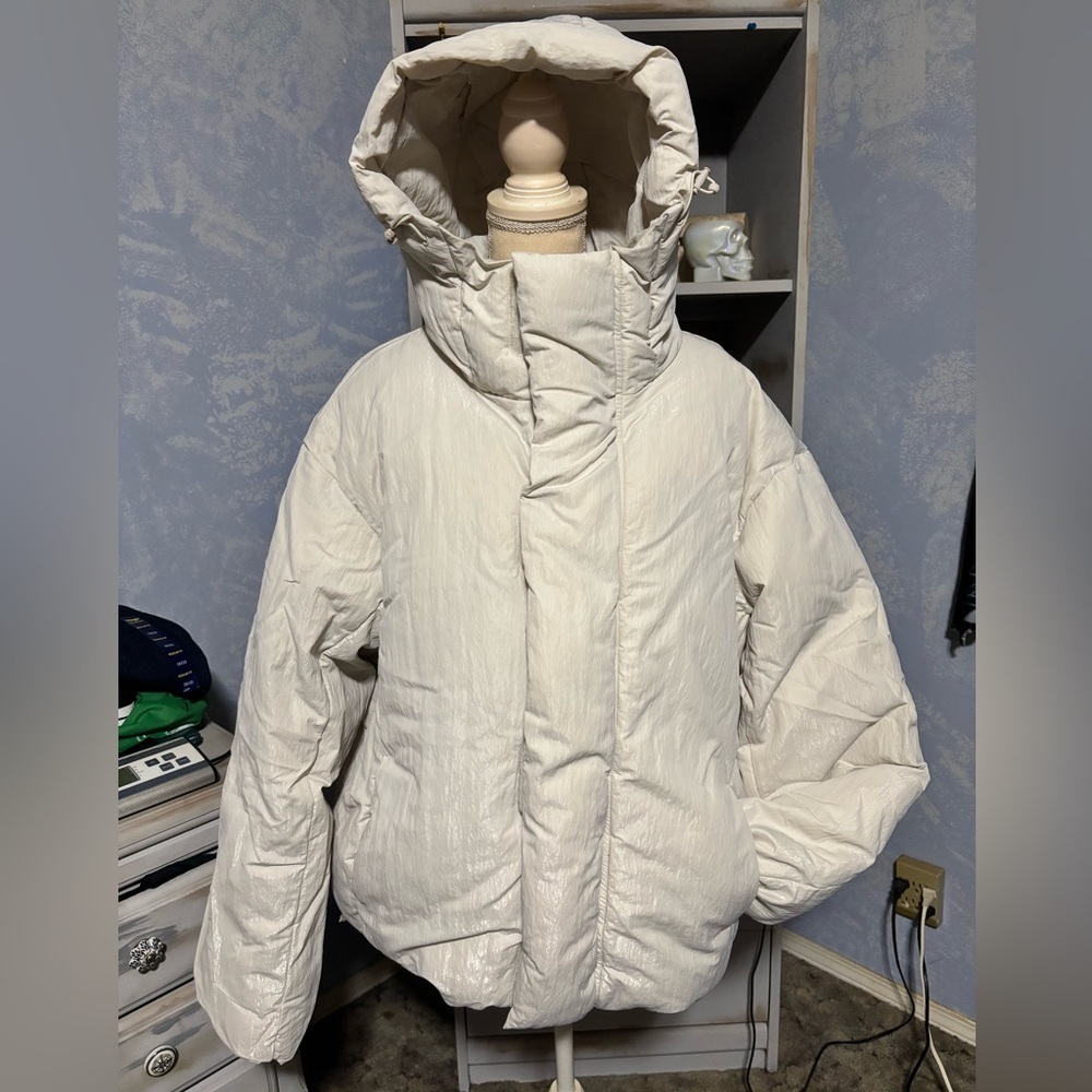 Zara Women's off white slight shimmer Puffer Jacket hooded large - Picture 6 of 15